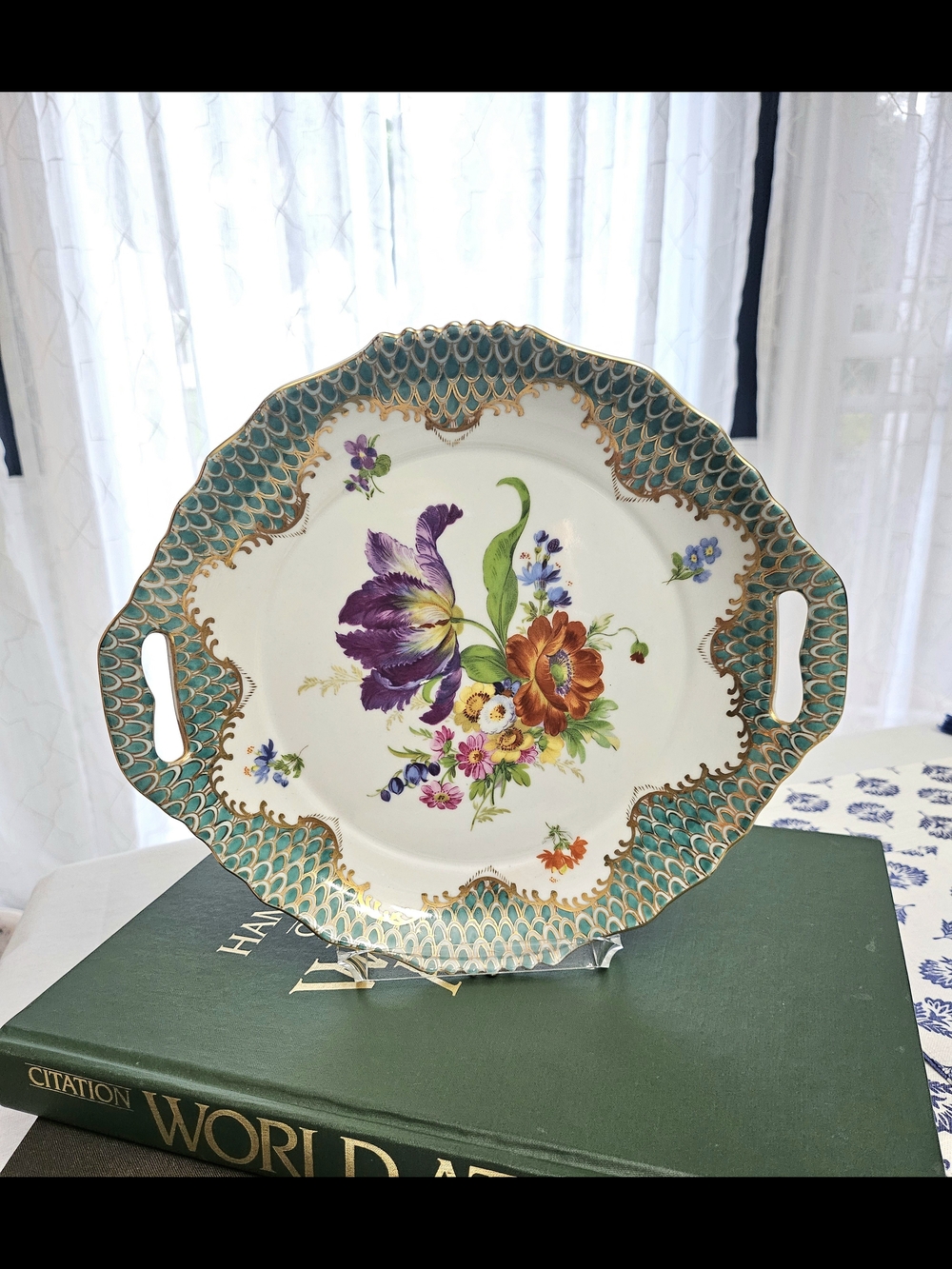 VINTAGE Royal Europe Hand Painted Handled Floral Plate 1970s Gold Trim